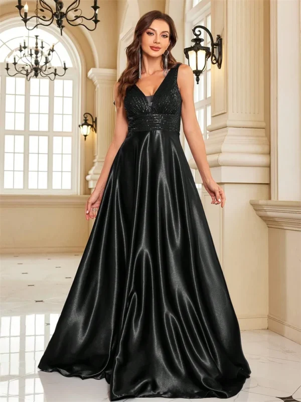 Elegant Sequins Evening Dress For Women 2024 Deep V-neck Satin Prom Party Green Dress Floor Length Blue Formal Gowns - Imagen 3