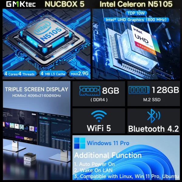 GMKtec KB5 Mini PC Intel Celeron N5105 Windows 11 Pro 4K Mini PC DDR4 8GB RAM 128GB ROM WiFi5 BT4.2 Desktop Computer Work - Imagen 2
