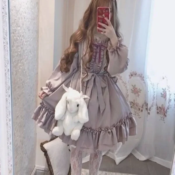 Alice In Wondeland Cute Women Lolita OP Dress Flouncing Lace Trim Japanese Harajuku Long Sleeves Doll Teen Dress Fairy Vestidos - Imagen 4