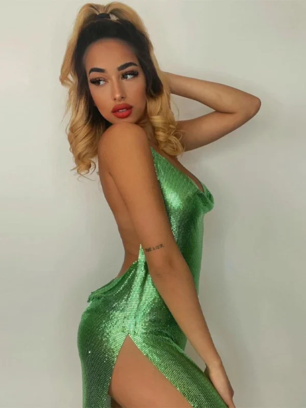 Sexy and Fashionable Women's Elegant Short Dress with Hanging Neck Backless Bottom Chest Sequin Party Girl Dance Dress - Imagen 6