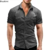 New 2025 Men's Denim Shirt Fashion Short Sleeve Soft Solid Slim Cowboy Tops Men Trend Streetwear Vintage Casual Cardigan T-shirt - Image 3