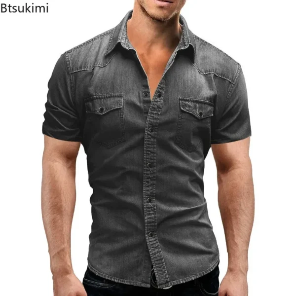 New 2025 Men's Denim Shirt Fashion Short Sleeve Soft Solid Slim Cowboy Tops Men Trend Streetwear Vintage Casual Cardigan T-shirt - Imagen 3