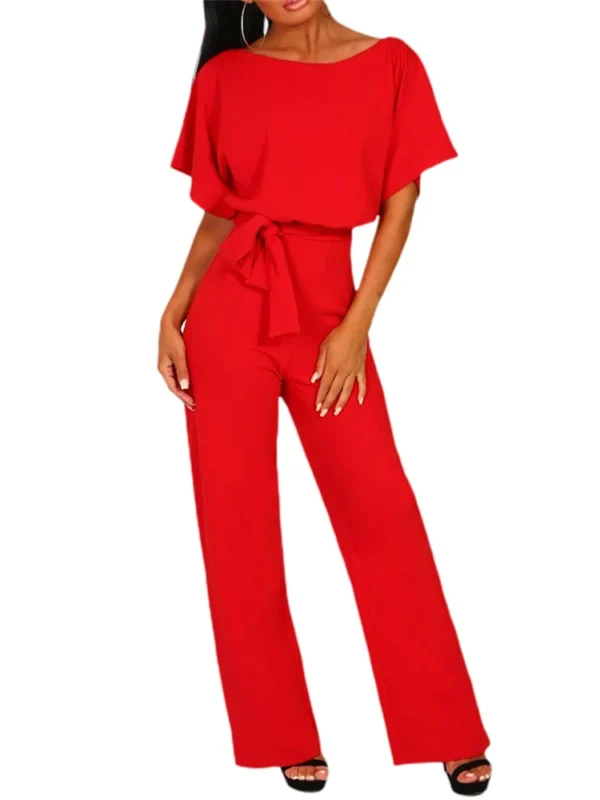 Women Jumpsuits Elegant Solid Color Flare Short Sleeve Waist Tie Wide Leg Pants Romper Summer Streetwear - Imagen 6