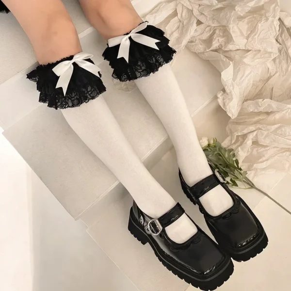 JK Lolita Women Stockings Y2k Girls Ruffle Long Socks Stockings Japanese Style Kawaii Bowknot Cute Lacework Knee Socks Stockings - Imagen 5