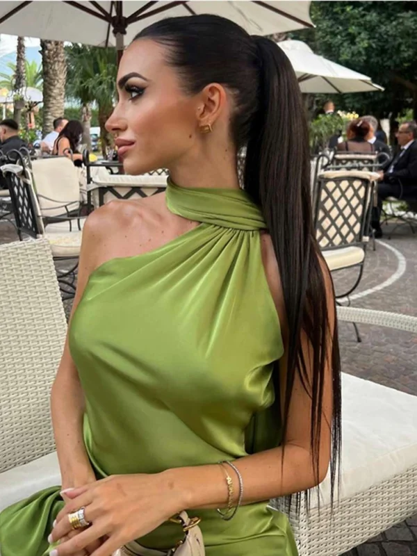 Sexy Satin Ribbon Party Dress Women Elegant Halter Backless Off Shoulder Sleeveless Female Dresses 2024 Summer Solid Robe Gown - Imagen 2