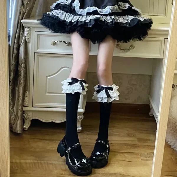 JK Lolita Women Stockings Y2k Girls Ruffle Long Socks Stockings Japanese Style Kawaii Bowknot Cute Lacework Knee Socks Stockings - Imagen 2