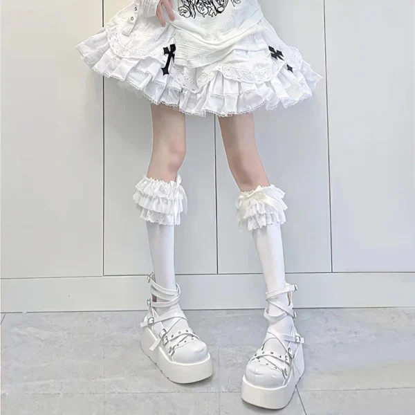 JK Lolita Women Stockings Y2k Girls Ruffle Long Socks Stockings Japanese Style Kawaii Bowknot Cute Lacework Knee Socks Stockings - Imagen 4