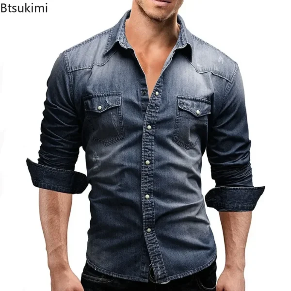 New 2025 Men's Denim Shirt Fashion Short Sleeve Soft Solid Slim Cowboy Tops Men Trend Streetwear Vintage Casual Cardigan T-shirt - Imagen 5