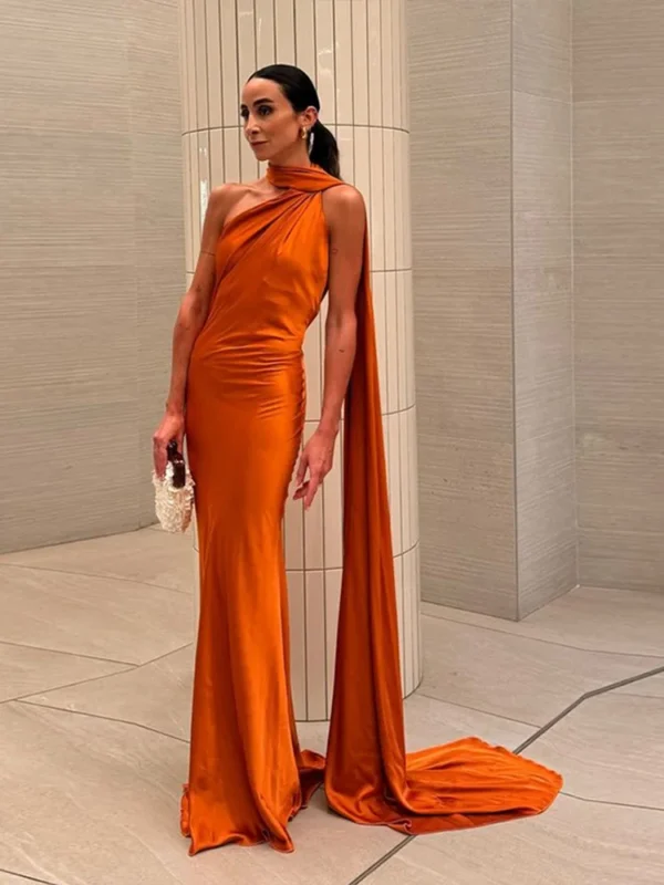 Sexy Satin Ribbon Party Dress Women Elegant Halter Backless Off Shoulder Sleeveless Female Dresses 2024 Summer Solid Robe Gown - Imagen 5