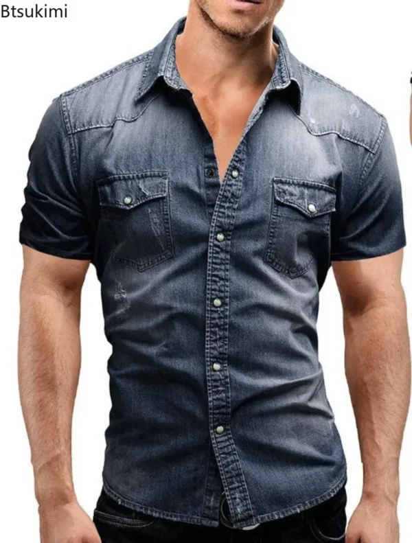 New 2025 Men's Denim Shirt Fashion Short Sleeve Soft Solid Slim Cowboy Tops Men Trend Streetwear Vintage Casual Cardigan T-shirt - Imagen 2