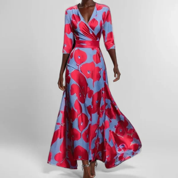 Elegant Short Sleeve Printed Dress For Women High-waisted A-line V Neck Pullover Vestidos Trendy Summer Clothing 2025 Robes - Imagen 5