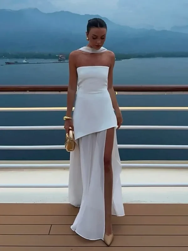 Fashion Strapless Ribbon Mesh Patchwork Maxi Dress Elegant Sleeveless Backless Vacation Long Robes 2025 New Women Beach Dresses