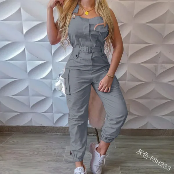 Autumn Women's Clothing Bodysuit Jumpsuit 2023 Simple Zipper Cargo High Waisted Conjoined Body Pants Sleeveless Strap Trousers - Imagen 2