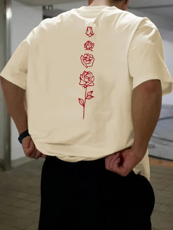 Men's Summer Loose Fit 100 Cotton Rose pattern Print T-shirt Tops