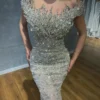Luxury Silver Crystals Stones Strapless Evening Dresses with Detachable Overskirt Pearls Beaded Giltter Big Events Party Gowns - Imagen 2