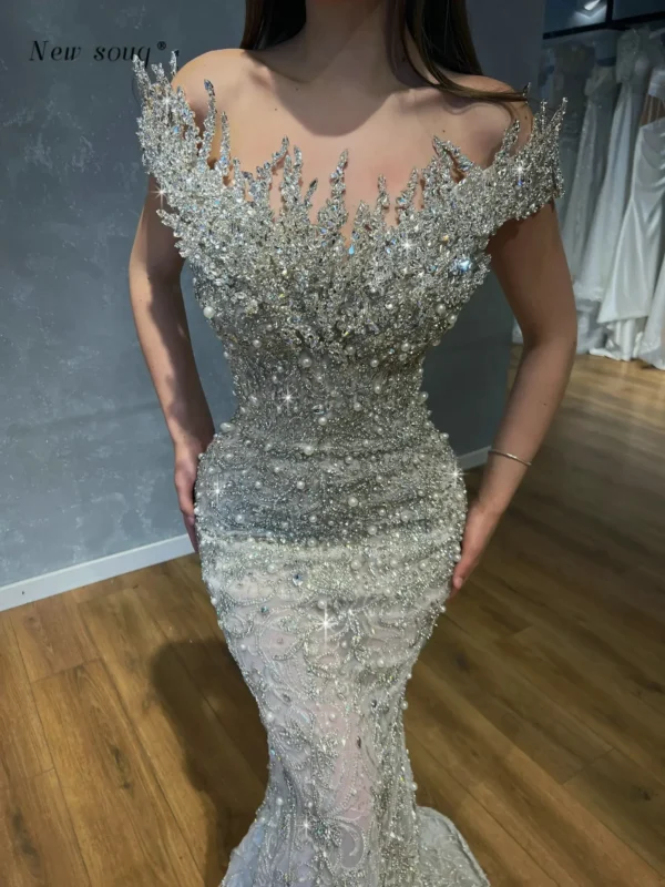 Luxury Silver Crystals Stones Strapless Evening Dresses with Detachable Overskirt Pearls Beaded Giltter Big Events Party Gowns - Imagen 2