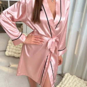 Simple Satin Night Robe Elegant V Neck Long Sleeve House Robe With Belt Women's Sleepwear