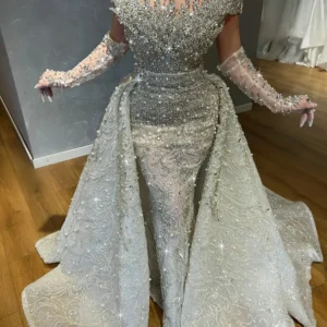 Luxury Silver Crystals Stones Strapless Evening Dresses with Detachable Overskirt Pearls Beaded Giltter Big Events Party Gowns