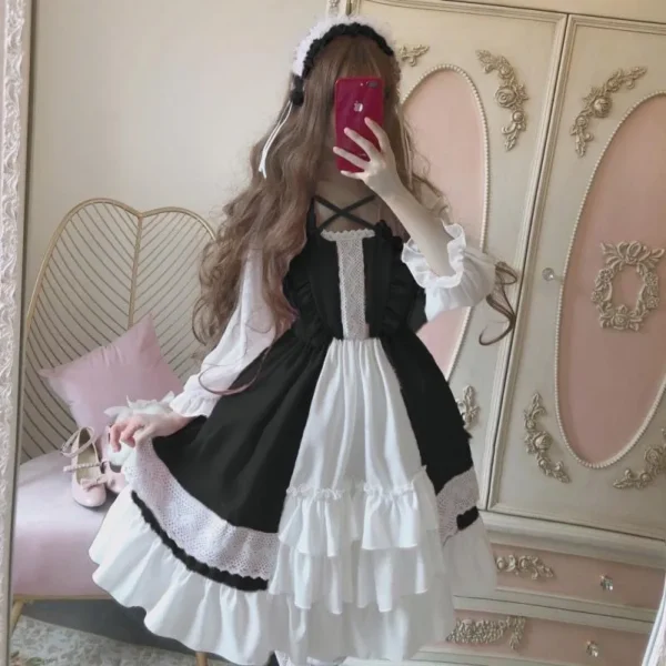 Alice In Wondeland Cute Women Lolita OP Dress Flouncing Lace Trim Japanese Harajuku Long Sleeves Doll Teen Dress Fairy Vestidos - Imagen 6