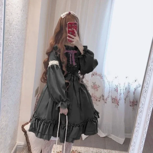 Alice In Wondeland Cute Women Lolita OP Dress Flouncing Lace Trim Japanese Harajuku Long Sleeves Doll Teen Dress Fairy Vestidos - Imagen 3