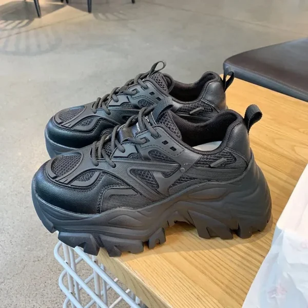 Women New Fashion Platform Sport Shoes Women 2024 New Summer Black Casual Chunky Sneakers Women Mesh Leather Platform Shoes - Imagen 3