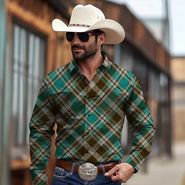 Men's Yellowstone Western Denim Shirt Two-tone patchwork pattern Men's roll-down button top Stylish casual long-sleeved shirt - Imagen 4