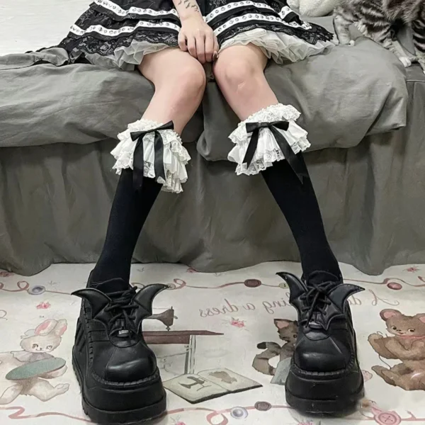 JK Lolita Women Stockings Y2k Girls Ruffle Long Socks Stockings Japanese Style Kawaii Bowknot Cute Lacework Knee Socks Stockings - Imagen 3