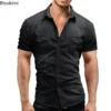 New 2025 Men's Denim Shirt Fashion Short Sleeve Soft Solid Slim Cowboy Tops Men Trend Streetwear Vintage Casual Cardigan T-shirt - Image 4