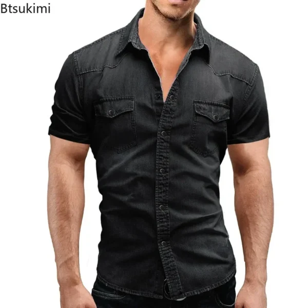 New 2025 Men's Denim Shirt Fashion Short Sleeve Soft Solid Slim Cowboy Tops Men Trend Streetwear Vintage Casual Cardigan T-shirt - Imagen 4