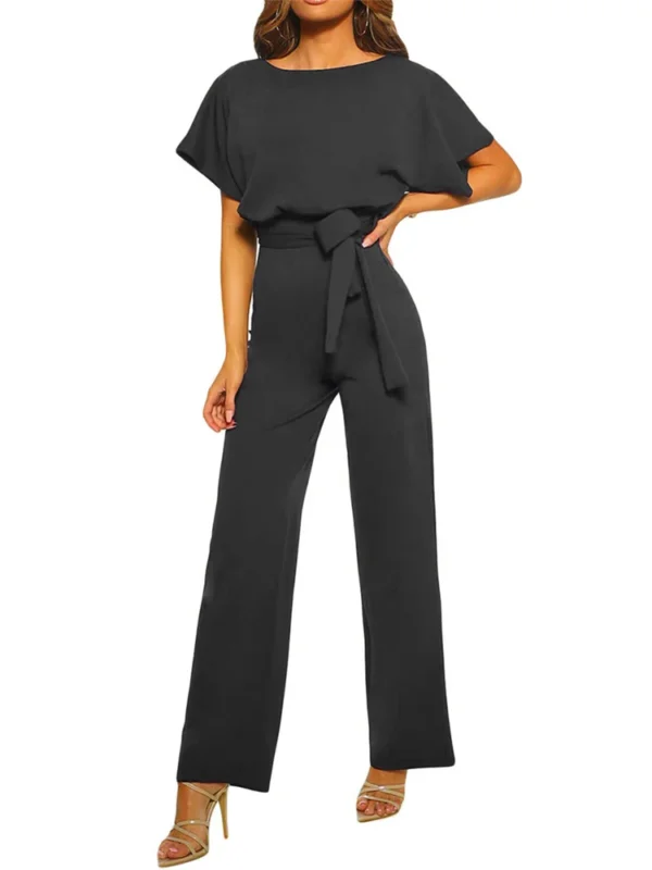 Women Jumpsuits Elegant Solid Color Flare Short Sleeve Waist Tie Wide Leg Pants Romper Summer Streetwear - Imagen 3