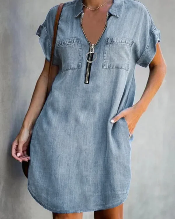 Womens Summer New Fashion Short Sleeve Turn Down Collar Zipper Dress Digital Print Imitation Denim Dress Above Knee Mini Skirts - Imagen 2