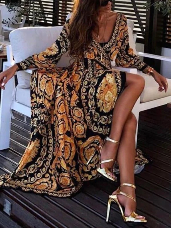 2021 New Style Fashion Elegant Women Sexy Boat Neck Glitter Deep V Neck Print Party Dress Formal Long Dress Sexy Clubwear - Imagen 3