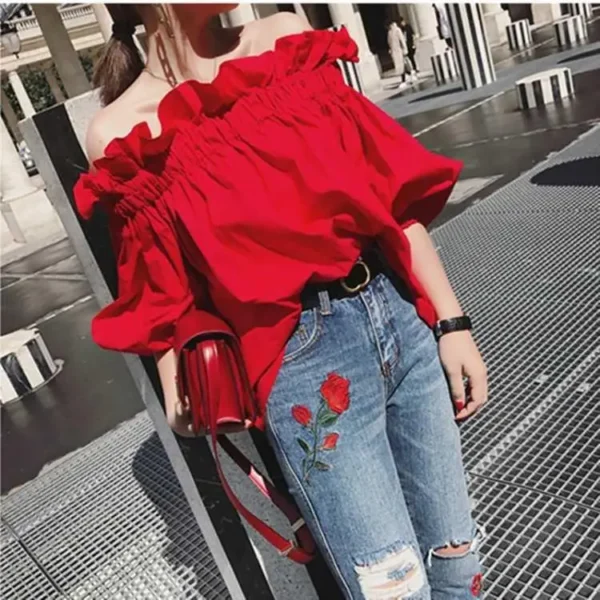 Women Korean Ruffles Off Shoulder Tee Top Puffy Sleeves Red Chiffon Blouse Female Oversize Casual Shirt Lady Chic New - Imagen 2