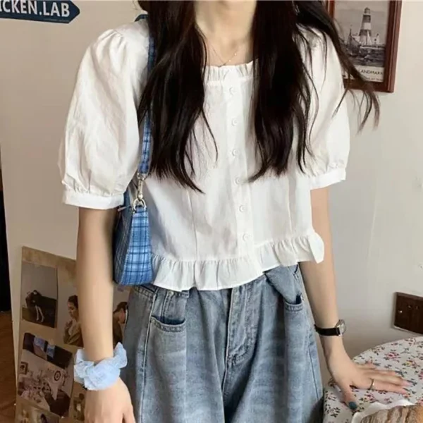 Korean Summer Ruffle Elegant Chiffon Cool Blouse Women Youthful Cute Cropped Tops Chic Short sleeve Feminine Shirt - Imagen 5