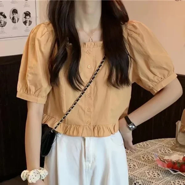 Korean Summer Ruffle Elegant Chiffon Cool Blouse Women Youthful Cute Cropped Tops Chic Short sleeve Feminine Shirt - Imagen 3