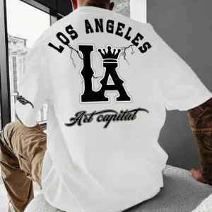 Men's casual T-shirt with Los Angeles letters and large LA pattern print,comfortable and breathable with slight elasticity