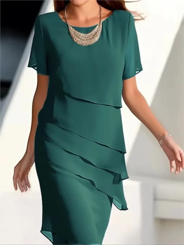 2025 Summer Women's New Solid Color Midi Dress Fashionable Flash Ruffle Edge Round Neck Short Sleeved Casual Comfortable Dress - Imagen 3