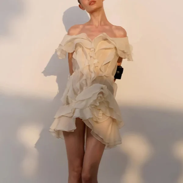 VGH Sexy Short Dress For Women Slash Neck Off The Shoulder Sleeve Backless High Waist Spliced Ruffles Dresses Female Fashion New - Imagen 3