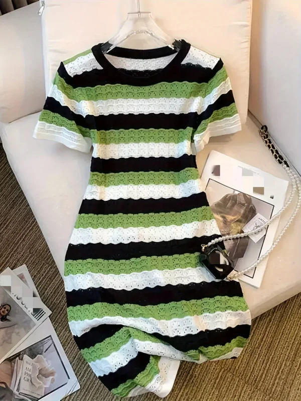 2024 New Colorful Striped Crew Neck Dress Chic Short Sleeve Bag Hip Mini Knitted Dress For Spring & Summer Women's Clothing