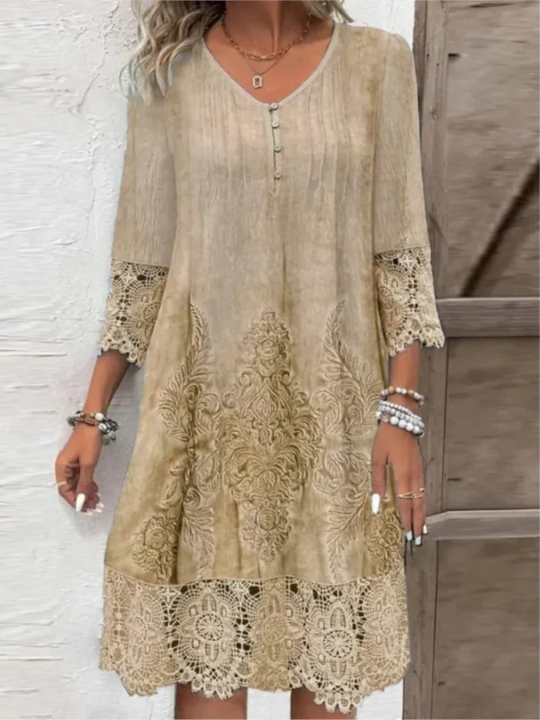 2024 New Women's Spring Summer Solid Color Sexy Hollow Fashion Lace Lace Printed Casual Five Sleeve Knee Length Dress - Imagen 2