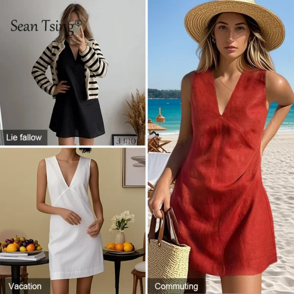 2025 Linen Summer Women Dresses Sexy V-Neck Sleeveless Basic Tank Dress Elegant Party Dresses Chic Boho Red Sundress - Imagen 4