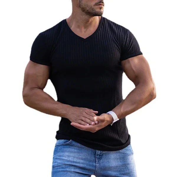 Mens V Neck Short Sleeve T Shirt Fitness Slim Fit Sports T-shirt Solid Fashion Strips Tees Tops Summer Knitted Gym Clothing - Imagen 2