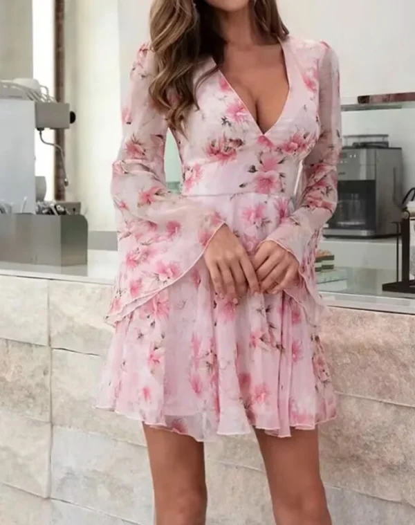 Ladies Mini Skirt 2025 Summer New Tropical Seaside Flower Print Flare Sleeves Fairy Style Dress Vacation Style Long Sleeve Dress - Imagen 2
