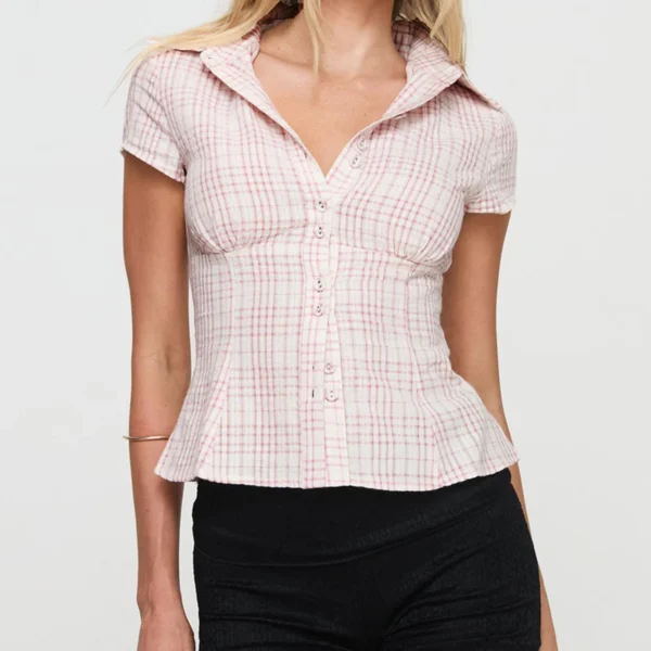 hirigin Women's Y2K Short Sleeve Plaid Button Down Shirt Button Down Blouses Tops Casual Summer Shirt Tops 90s Streetwear - Imagen 6