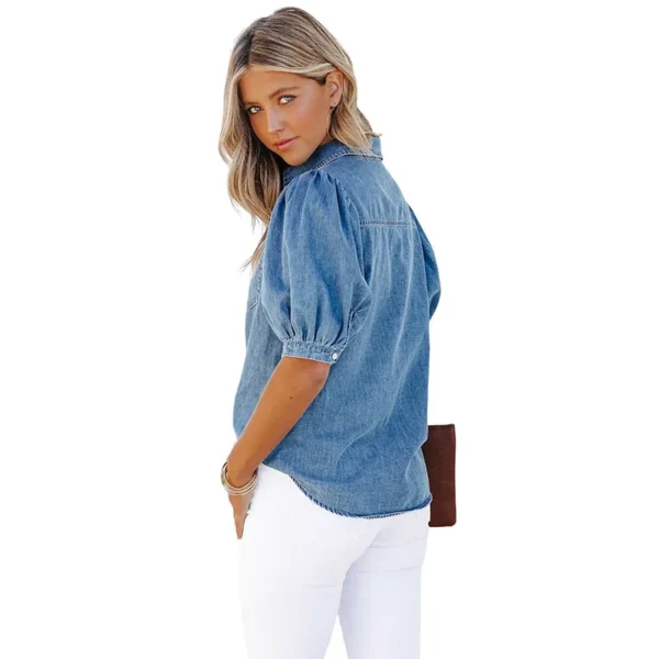 Women Denim Shirt Tops Blouse Washed Distressed Overshirt 2025 Casual Lapel Princess Sleeve Single Breasted Pocket Outerwear - Imagen 4