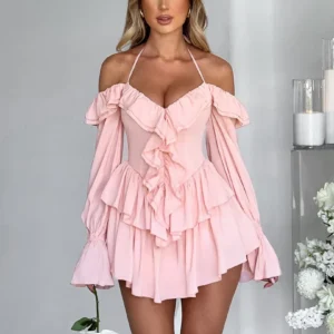 Dulzura Solid Pure Color Halter Ruffle Flare Sleeves Mini Dress 2024 Summer For Women Sexy Elegant Birthday Party Clubwear