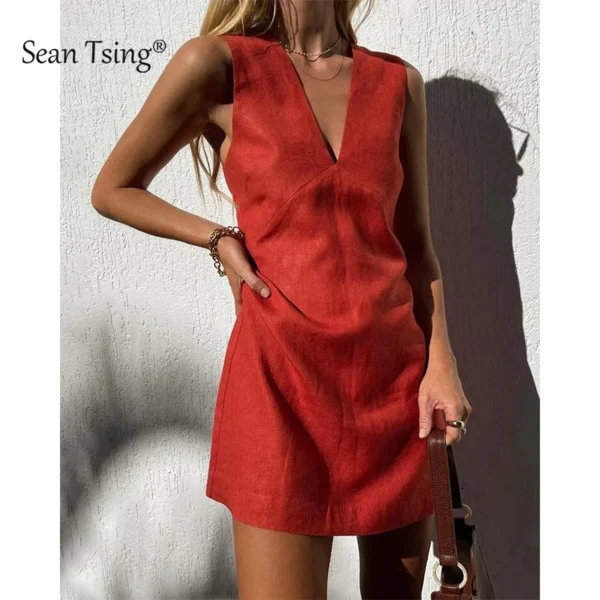 2025 Linen Summer Women Dresses Sexy V-Neck Sleeveless Basic Tank Dress Elegant Party Dresses Chic Boho Red Sundress