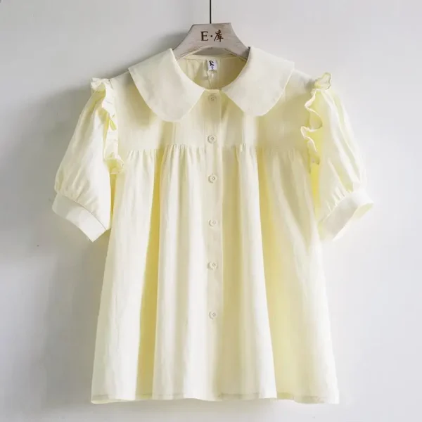 Blue Peter Pan Collar Single Breasted Short Sleeve Loose Women's Blouse Shirt Korean Fashion Female Clothing Tops 2024 Spring - Imagen 3
