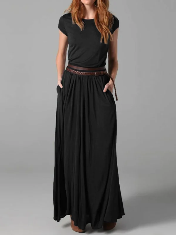 Women Elegant Solid Color Crew Neck Maxi Dress Solid With Pockets Long Skirt Dresses Short Sleeve Office Lady Maxi Dresses - Imagen 2