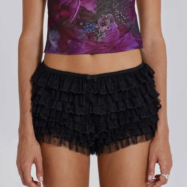 Women Mesh Lace Bloomer Shorts Y2k Layered Ruffle Frilly Booty Shorts Fairy Bowknot Sexy Boy Shorts Panties Party Clubwear - Imagen 3